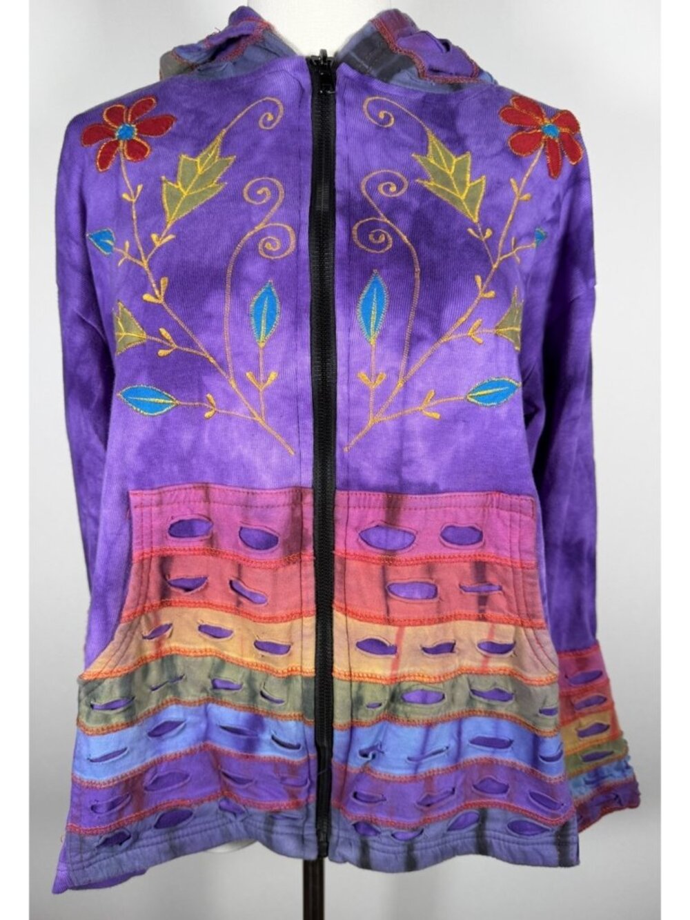 Rising International tie-dye embroidered bohemian hippie granola zip hoodie XL
